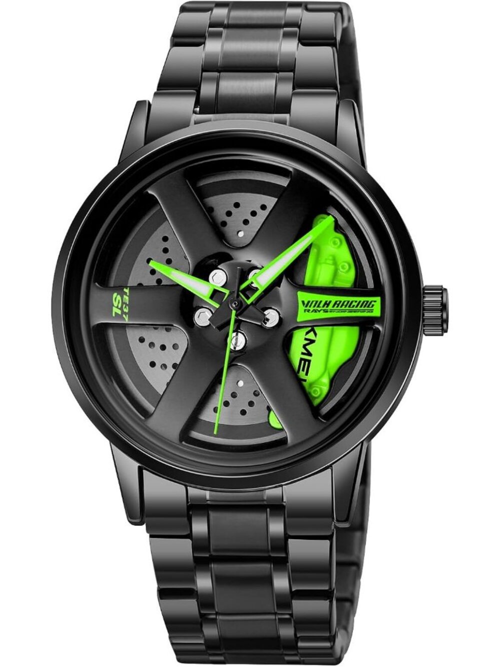 Men's Green Creative 3D Spinning Car Wheel Rotating Stainless Steel Strap Watch